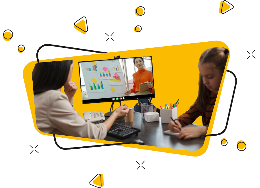 Aula online com criança estudando e professora apresentando gráficos no computador, em moldura amarela com elementos visuais modernos