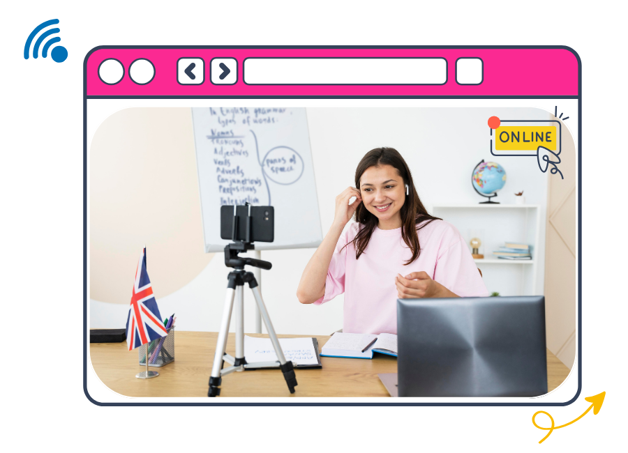 Professora sorridente dando aula de inglês online com bandeira do Reino Unido e quadro branco ao fundo