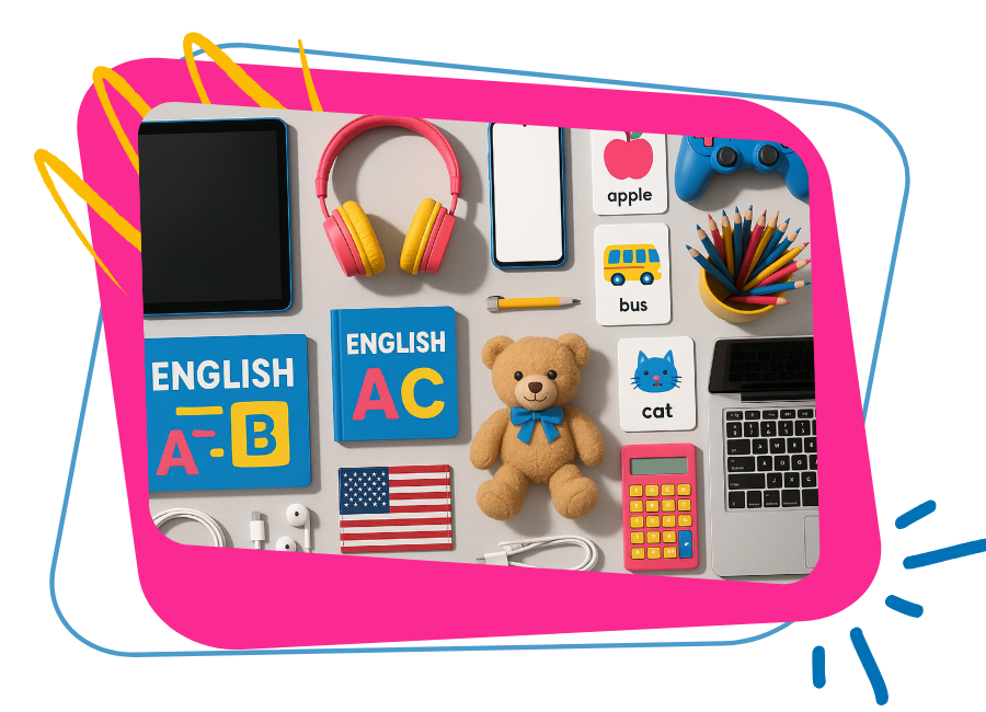 Materiais de inglês para crianças: livros didáticos, brinquedos, flashcards e objetos coloridos em fundo criativo