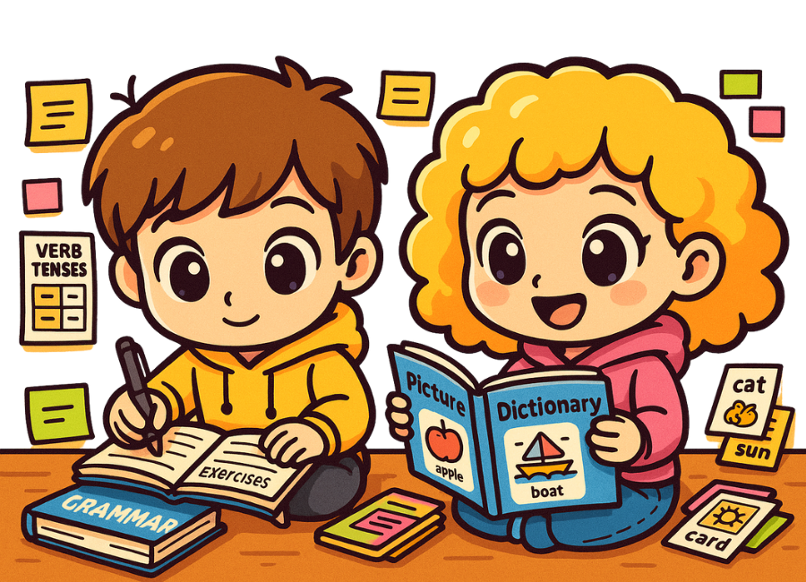 Duas crianças estudando inglês com livros de gramática e dicionário – aulas de inglês para crianças com metodologia lúdica.