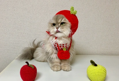 Gato usando chapéu de maçã e sentado entre duas maçãs de crochê – imagem divertida para ensinar o uso de artigos em inglês.