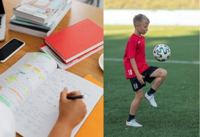 Montagem com duas imagens: uma pessoa escrevendo em um caderno e um menino jogando futebol – ideal para ensinar Past Perfect Simple em inglês.